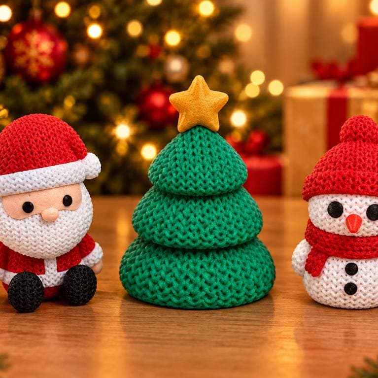 Kit Decoração De Natal Textura Crochê Amigurumi Com Bandeja Enfeite Mesa Posta Papai Noel Boneco De Neve Ár