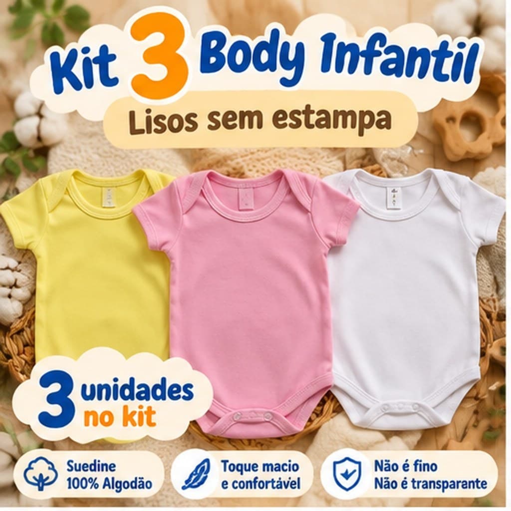 Kit Body Bebê Infantil Básico Suedine 100% Algodão Manga Curta Menina RN P M G Enxoval Roupa Bebê