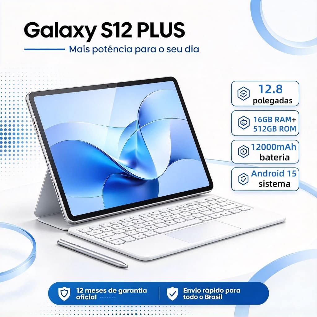 Tablet  Galaxy S12 Plus 12,8 polegadas, HD, 12.000 mAh, Android 15, para estudos e trabalho parcelamento
