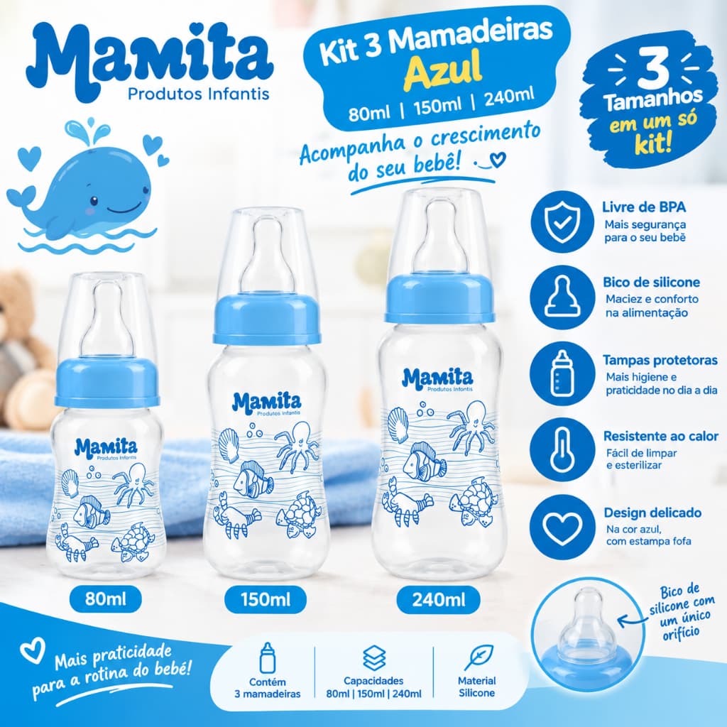 Kit 3 Mamadeiras Mamita Azul 80ml 150ml 240ml com Bico de Silicone Infantil Bebê