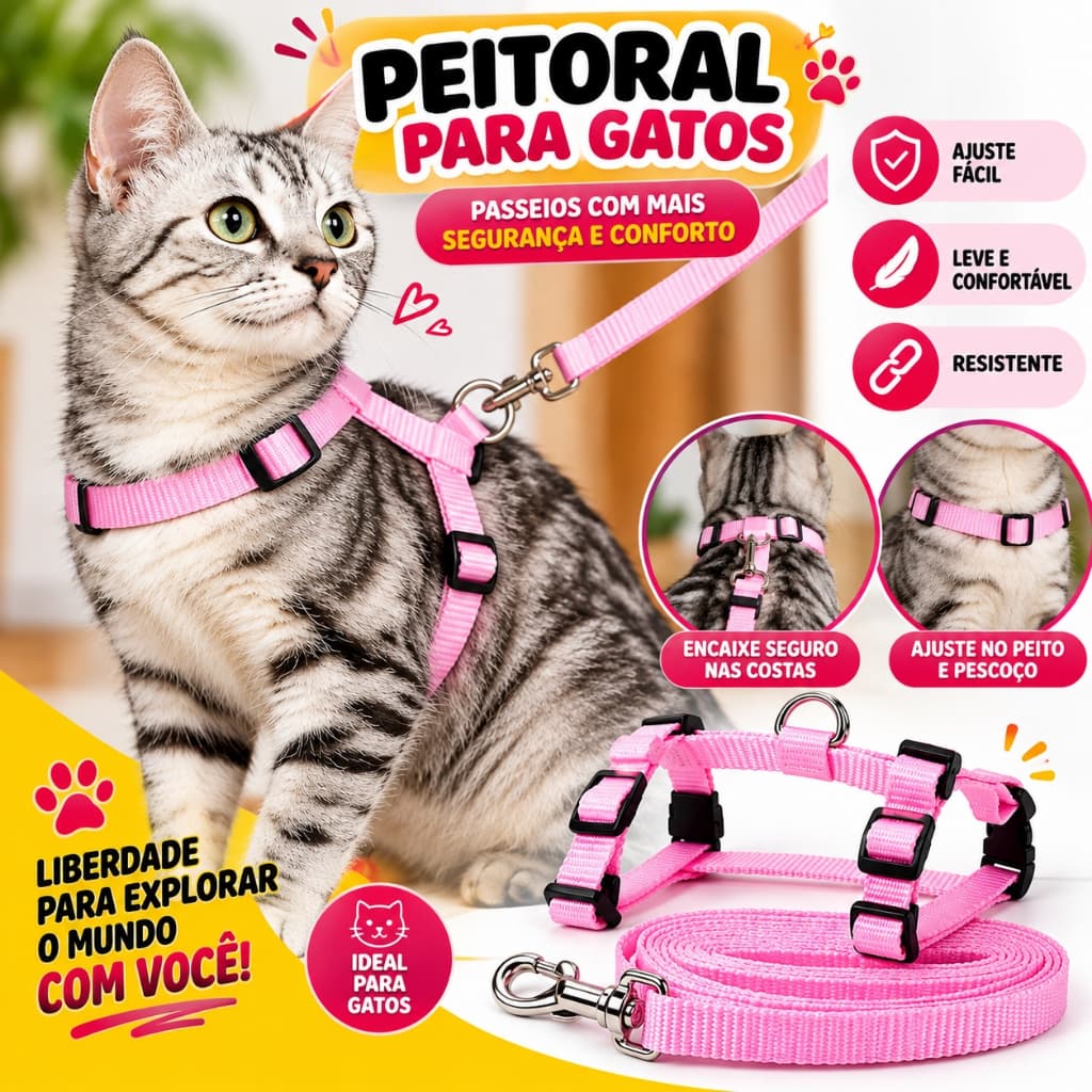 Guia Peitoral Conjunto Completo Gato Pet Shop Ajustavel E Guia