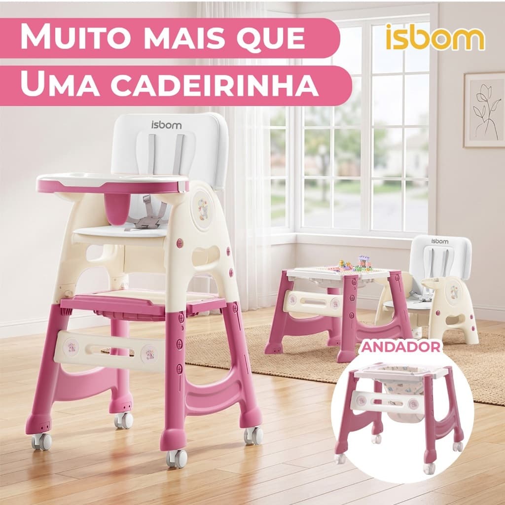 ISBOM Cadeirinha de Alimentação Cadeira Alta 6 em 1 Andador Bebê Bandeja Removível Rodas Cinto 5 Pontos Almofada 6m-6a