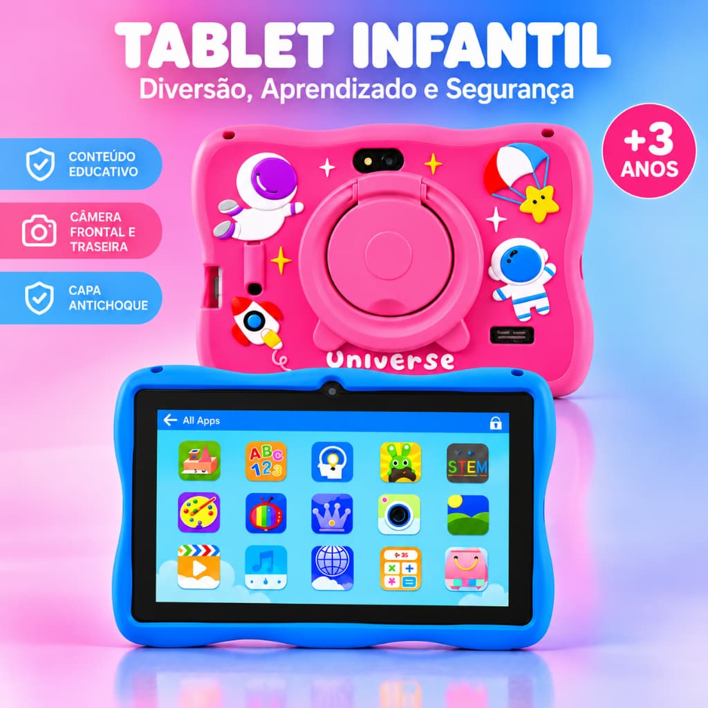 Tablet Infantil Kids 7 Polegadas 4GB RAM 64GB Android 13 Wi-Fi Capa Astronauta Caneta Carregador