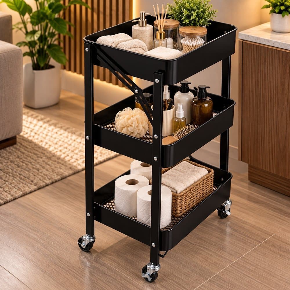 Organizador Multiuso 3 Andares com Rodinhas Preto – Fruteira, Prateleira e Carrinho Organizador para Cozinha e Casa