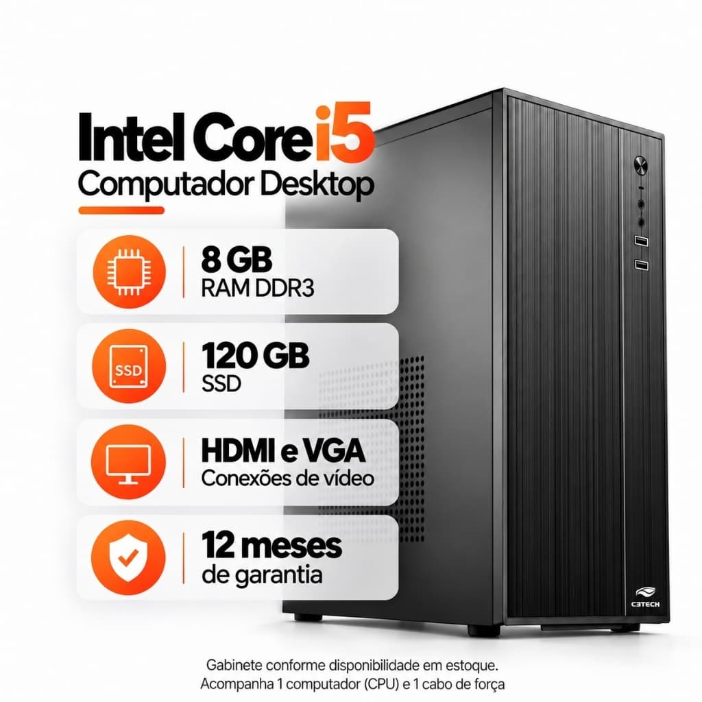 Computador Intel Core i5 8GB DDR3 SSD 120GB Somente CPU Windows 11 Trial Home Office Trabalho Estudos Desktop HDMI VGA