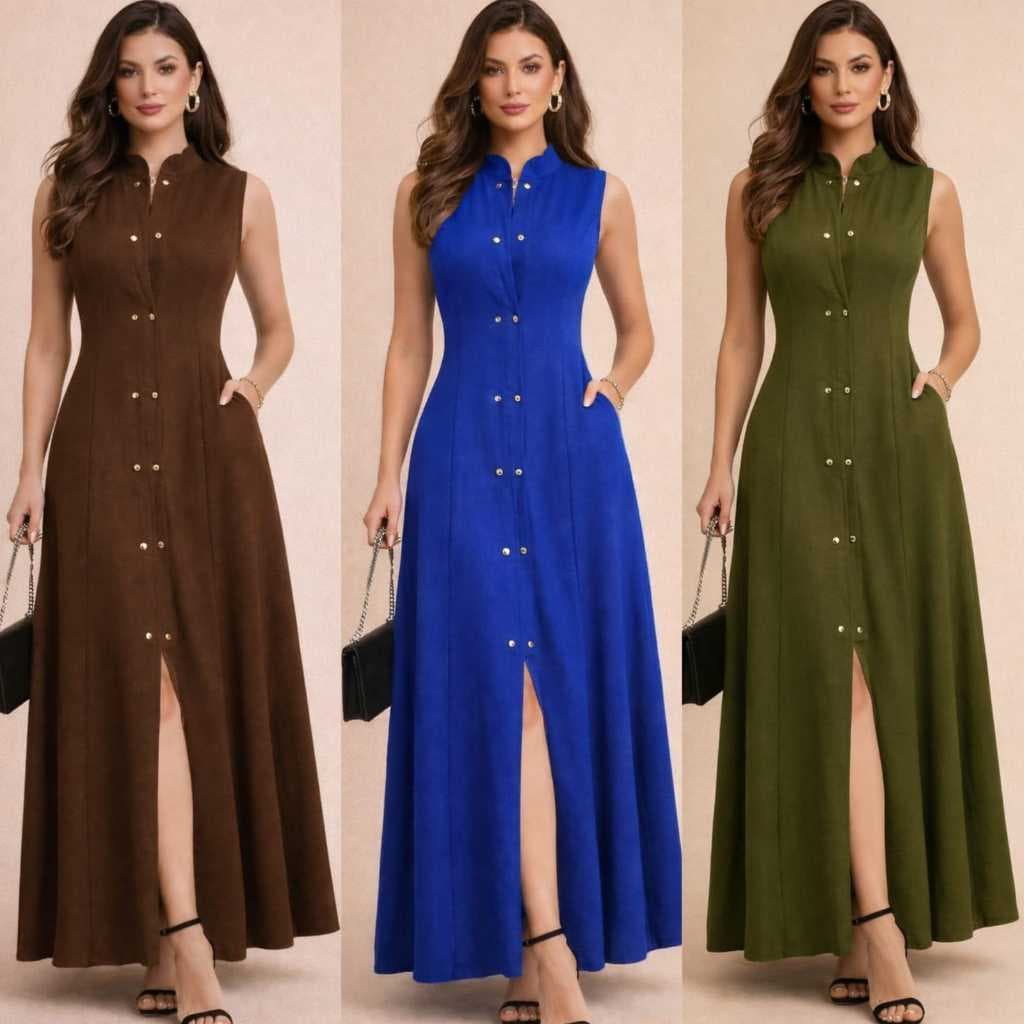 Vestido Longo Elegante Fechamento Em Botões Funcionais Lastex Nas Costas