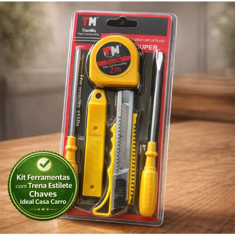 Kit até 2 kit de Ferramentas Completo 2m com Trena Estilete Chaves Ideal Casa Carro Resistente