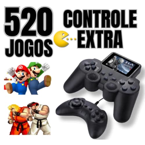 Controle de Vídeo Game Retro com Tela Led e 520 Jogos Com Controle Extra