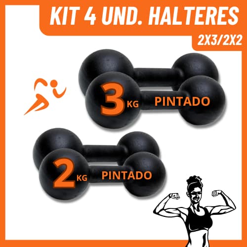 Kit 4 Halteres 2kg e 3kg Pintado Ferro – Peso Academia Musculação Treino em Casa Fitness