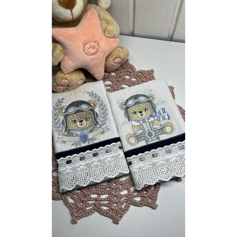 Kit Fralda de Boca Bordada Bebe Ursinho Aviador Menino Enxoval Bebê Recém-Nascido Cha de Bebe