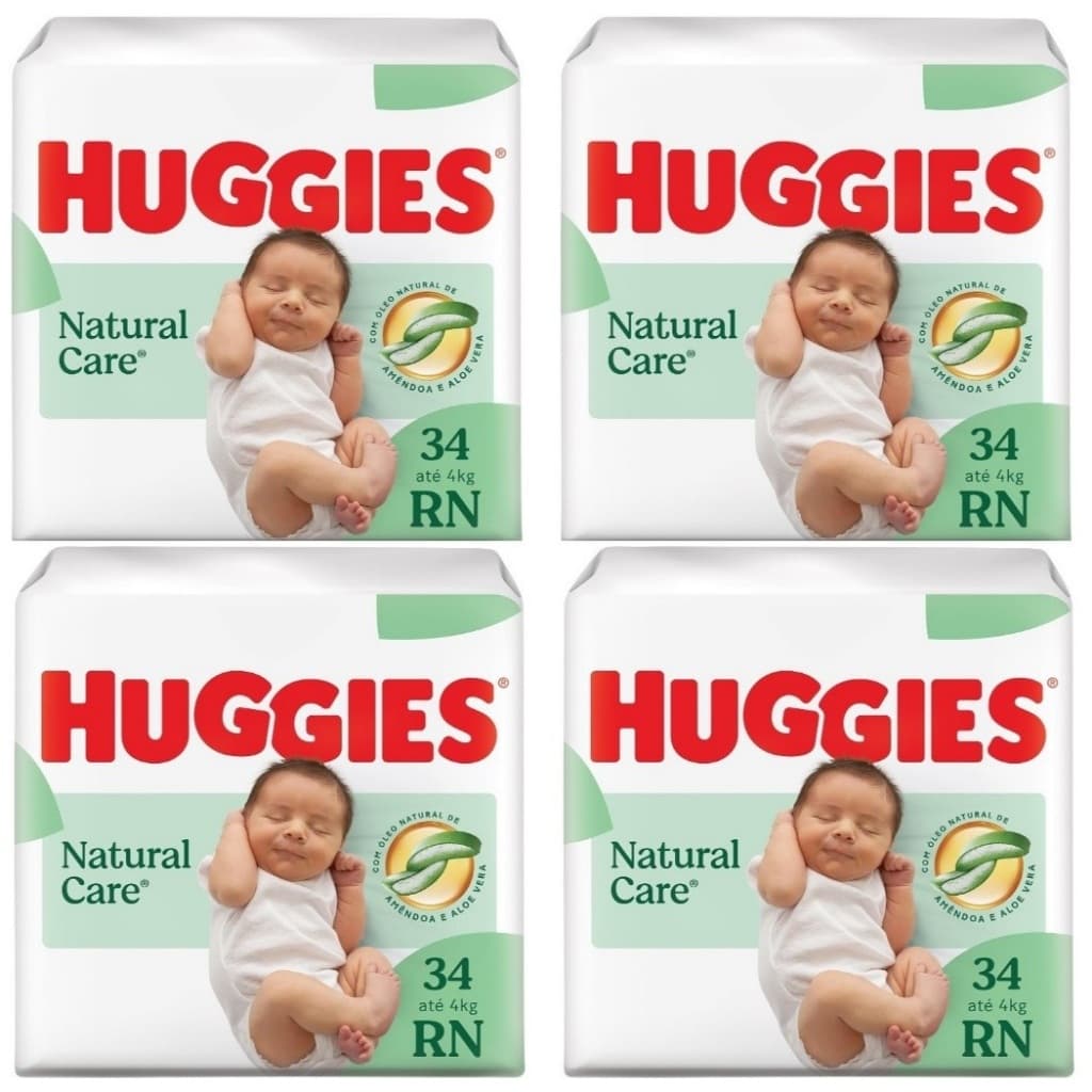 Kit 4ptes Fralda Huggies RN Natural Care até 4kg 34un - Total 136un