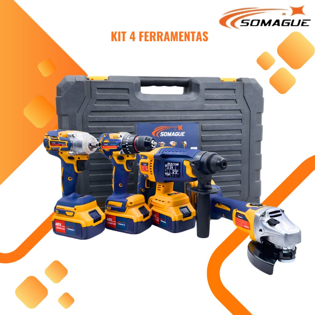 Kit 4 Ferramentas 48v  Chave de impacto Martelete Furadeira parafusadeira Esmerilhadeira Com Maleta
