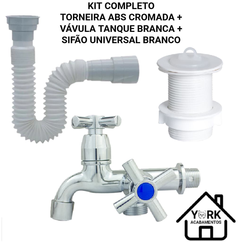 Kit Completo Sifão Universal Extensivo Branco + Válvula Tanque ABS 7/8 + Torneira Tanque 1/2 Cromada