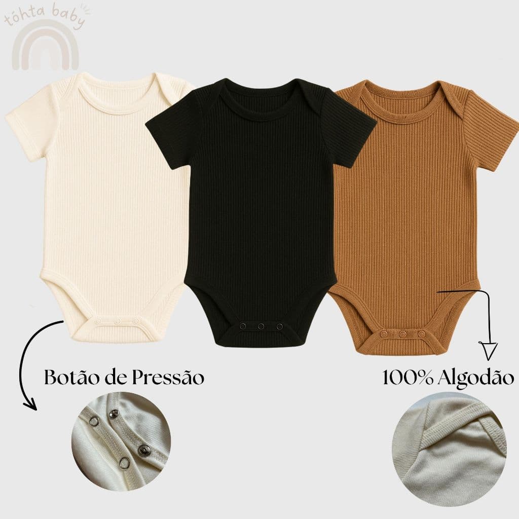 Body Bebe Kit 3 Infantil Algodão Curta Liso Macio Básico Enxoval Unissex Inverno Verão Segunda Pele Confortável Elegante