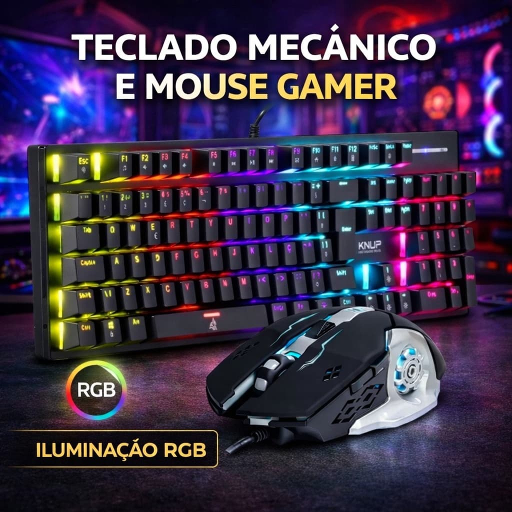 Kit Teclado Mecânico Gamer RGB 7 Cores + Mouse Gamer USB Anti Ghosting PC Notebook