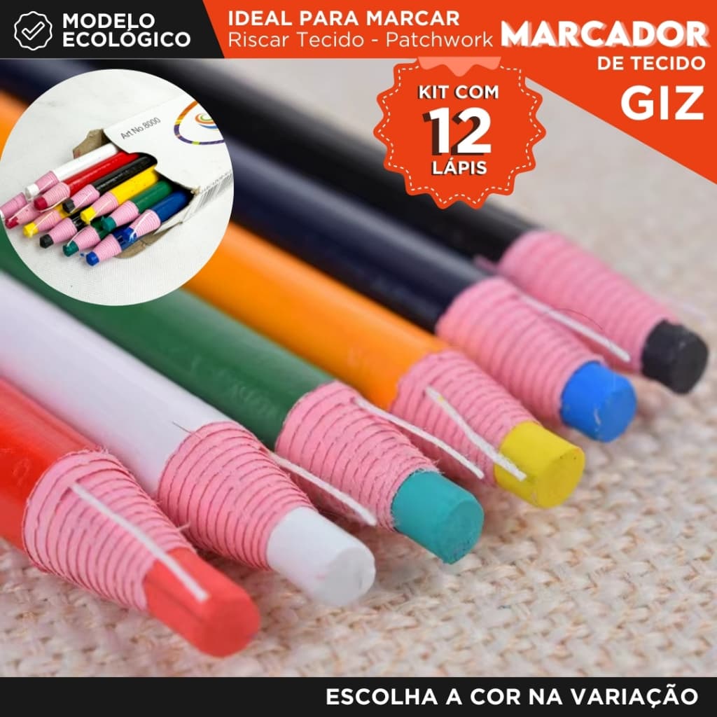 Kit Marcador de Tecido - 12 Lápis Costura Patchwork - Modelagem - Risco Apagável-Alta Precisão - AE