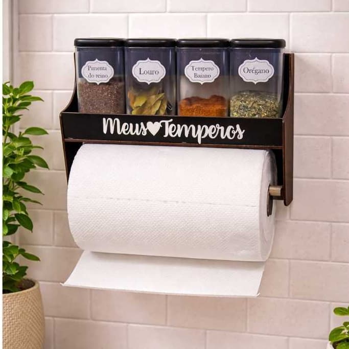 Porta Temperos de Parede com Suporte de Papel Toalha Mdf Pintado em Preto 04 Condimentos Mantimentos