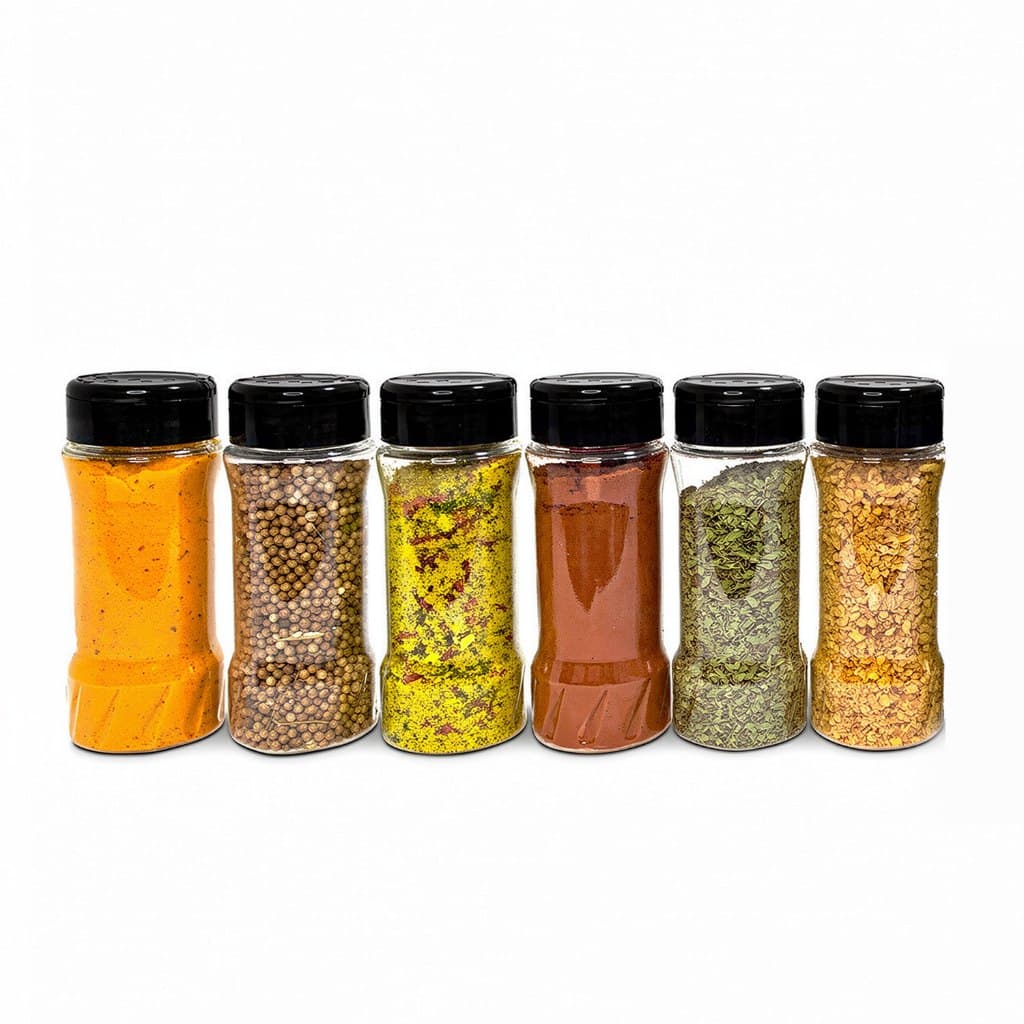 Kit 6 Potes Temperos Condimentos Tampa Dosadora Dupla de Plástico Com Etiquetas