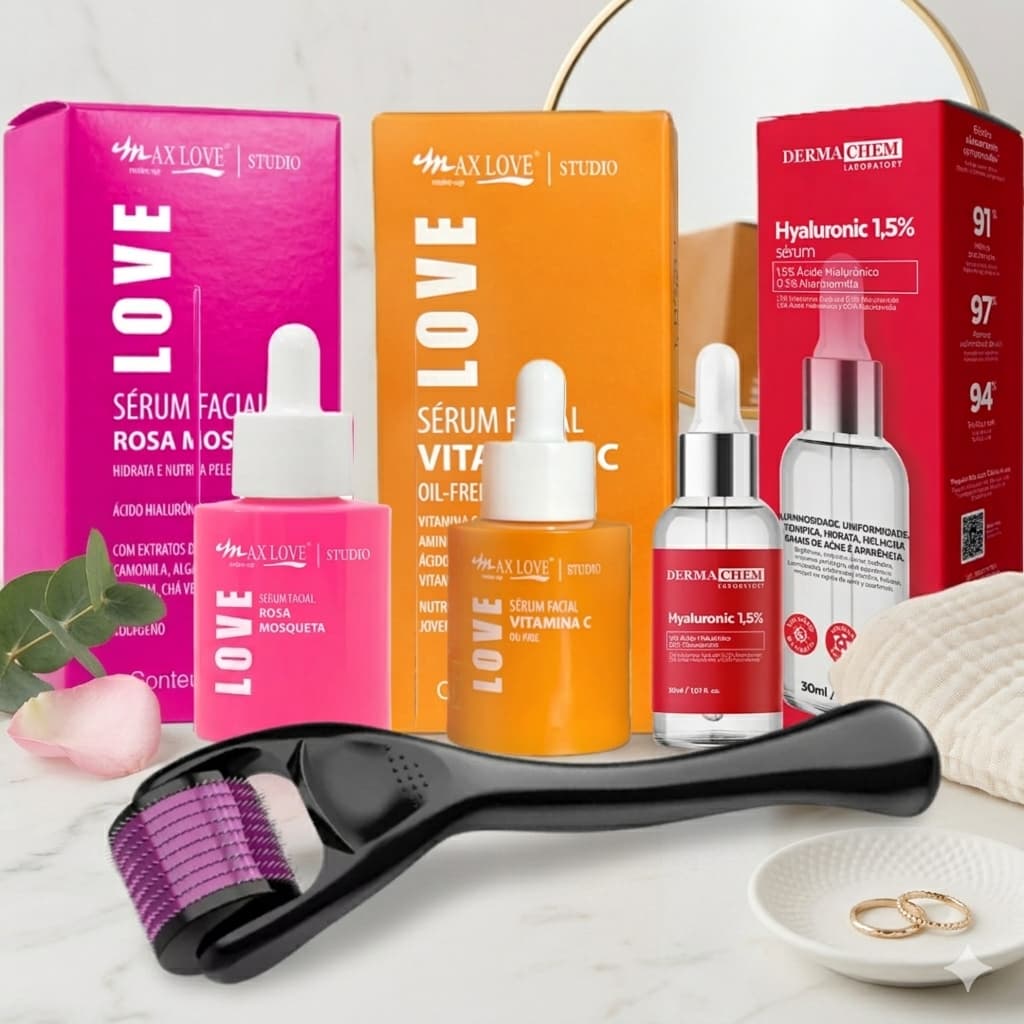 Kit Microagulhamento Dermaroller  Vitamina C Rosa Mosqueta Ácido Hialurônico Clareador Manchas e Melasma Cuidados Facial