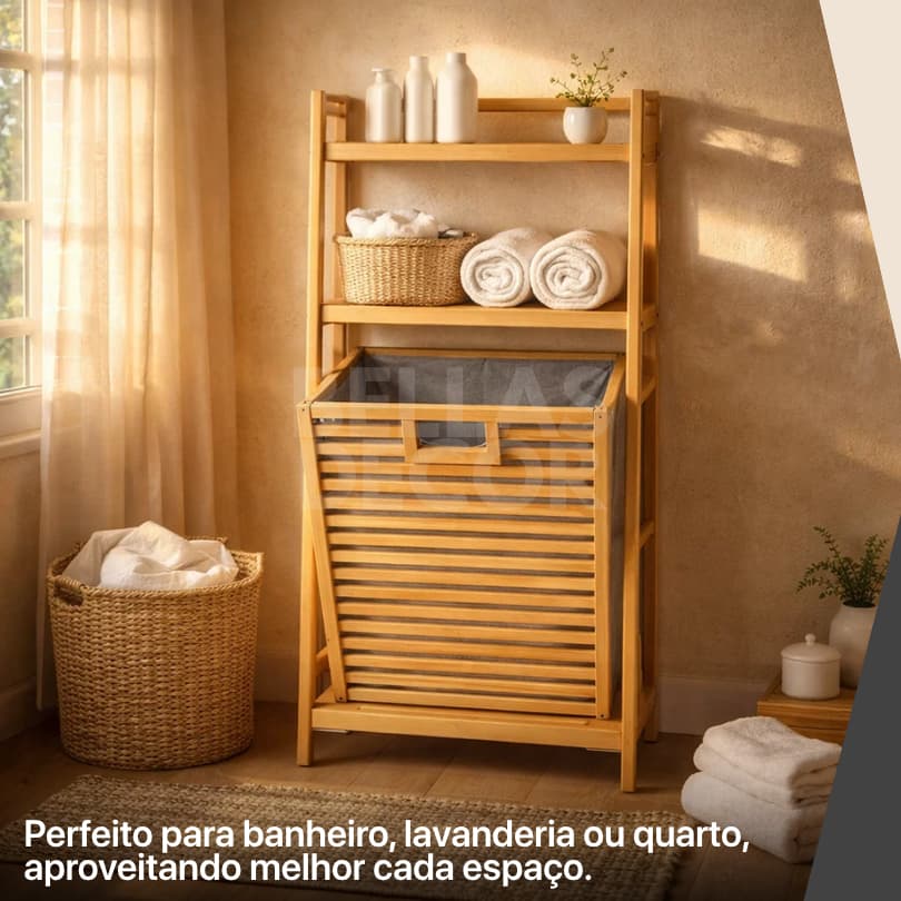 Sapateira em Bambu com Cesto Organizador – Ideal para Organizar Sapatos no Quarto, Banheiro ou Lavanderia - Organização