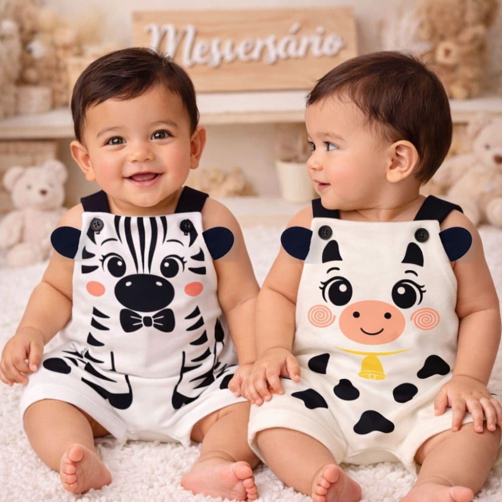 Kit 2 Jardineiras Bebê Zebra Vaquinha ou Baby Shark Tubarão Mesversário Enxoval Presente