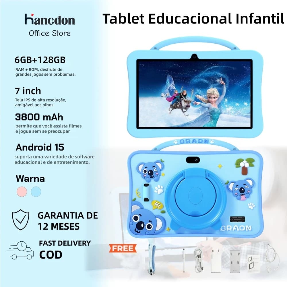 Tablet Infantil 7 Pol 6GB+128GB Android 15 Kids WiFi Câmera Dupla 5MP+13MP 3800mAh Bateria GRADN Azul Montessori Brinde