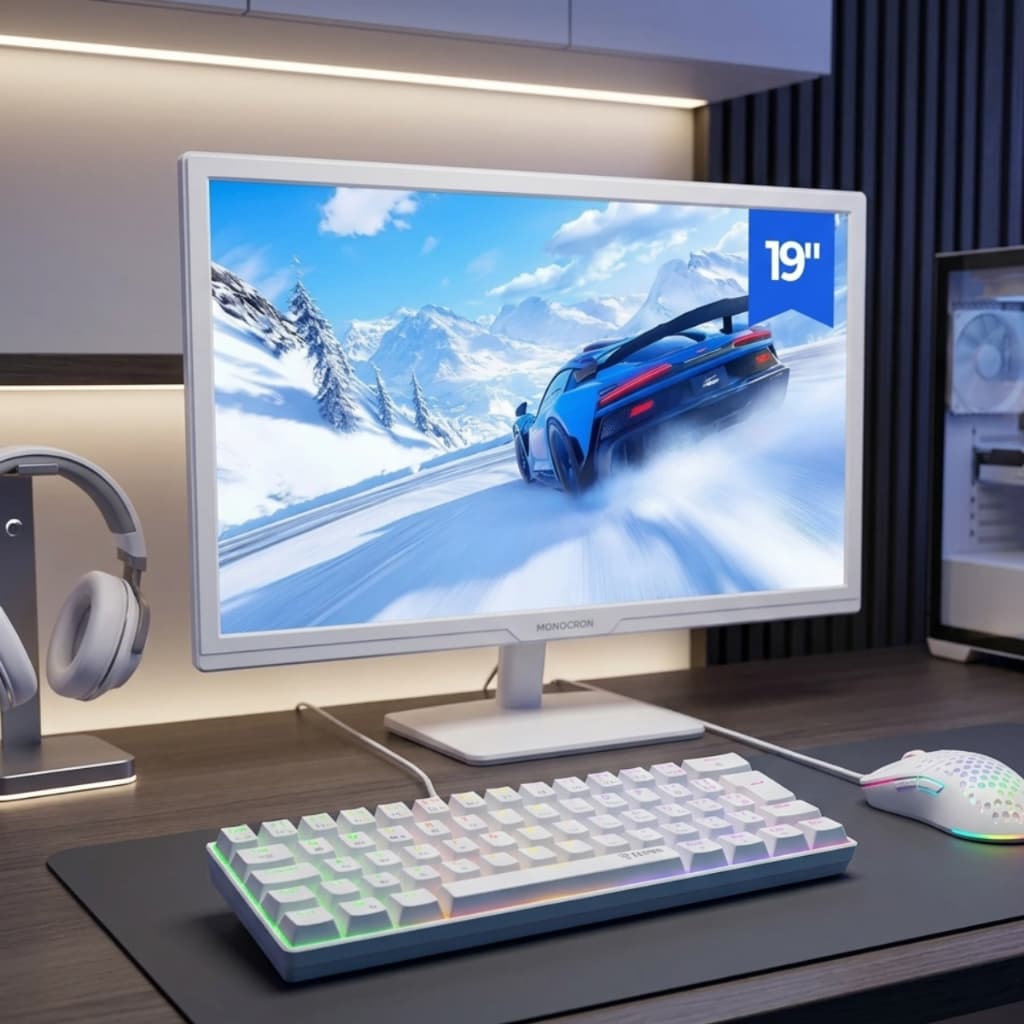Kit Gamer Monitor 19" Teclado Mecânico LED Mouse Gamer Branco 7.200 DPI RGB Rainbow Premium Novo