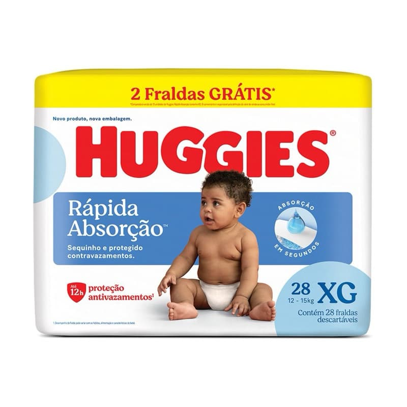 Fralda Huggies Rápida Absorção XG 28 Unidades (12 a 15kg) Proteção Até 12h Antivazamento