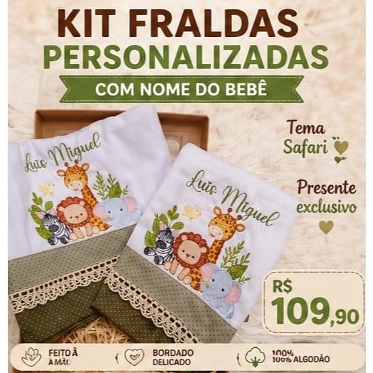 Kit Fralda Personalizada Bebê Safari com Nome Bordado Enxoval Presente Maternidade Menino