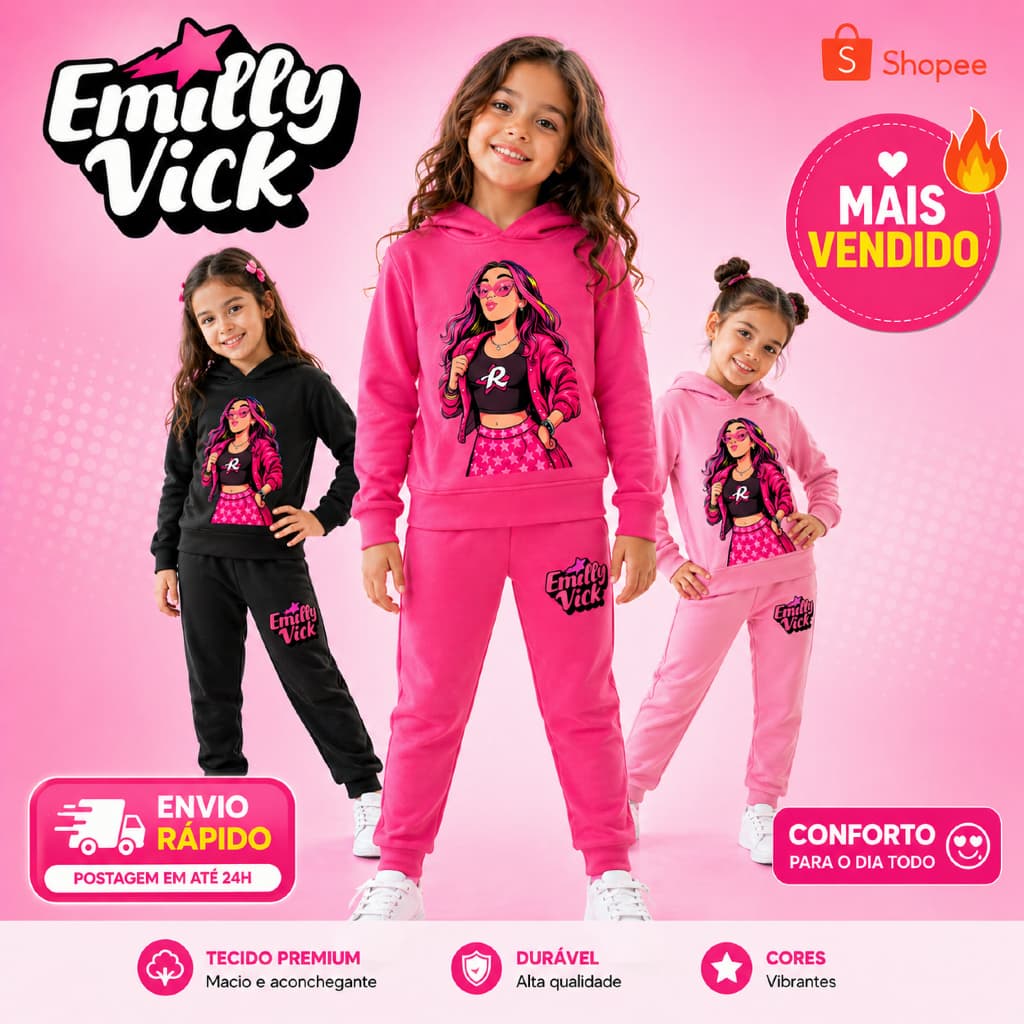 Conjunto Moletom Infantil Rosa Emily Vick Estilo Blogueirinha Fashion Look Menina