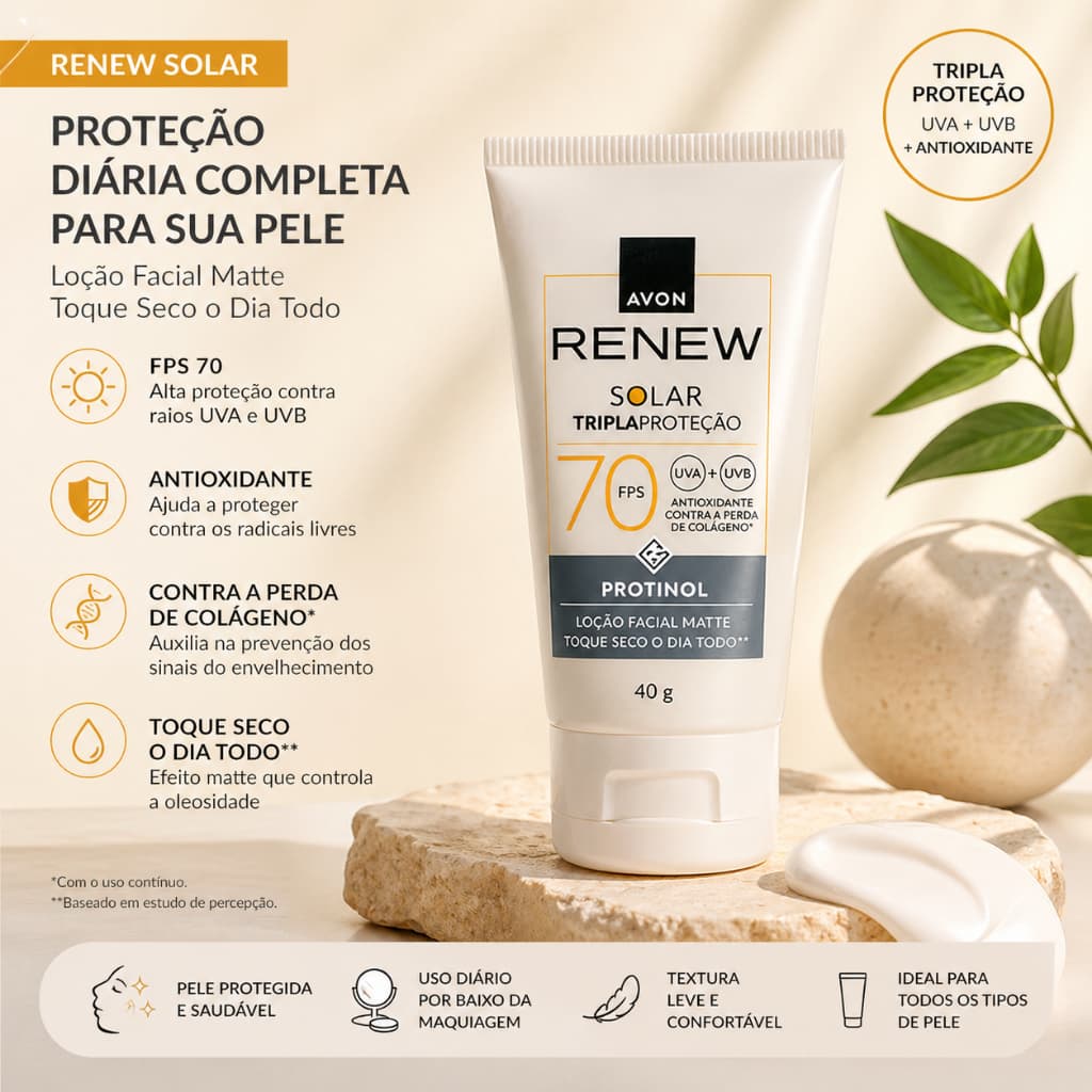 Renew Solar Protinol FPS 70 Avon Protetor Solar Facial Anti-Idade Alta Proteção UVA UVB Firmeza e Hidratação