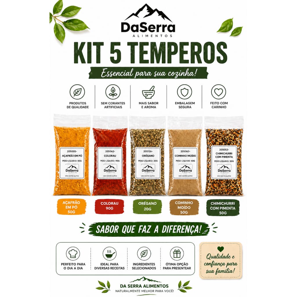 Kit com 5 Temperos e Condimentos Naturais em Sachês Sem conservantes Envio Rápido