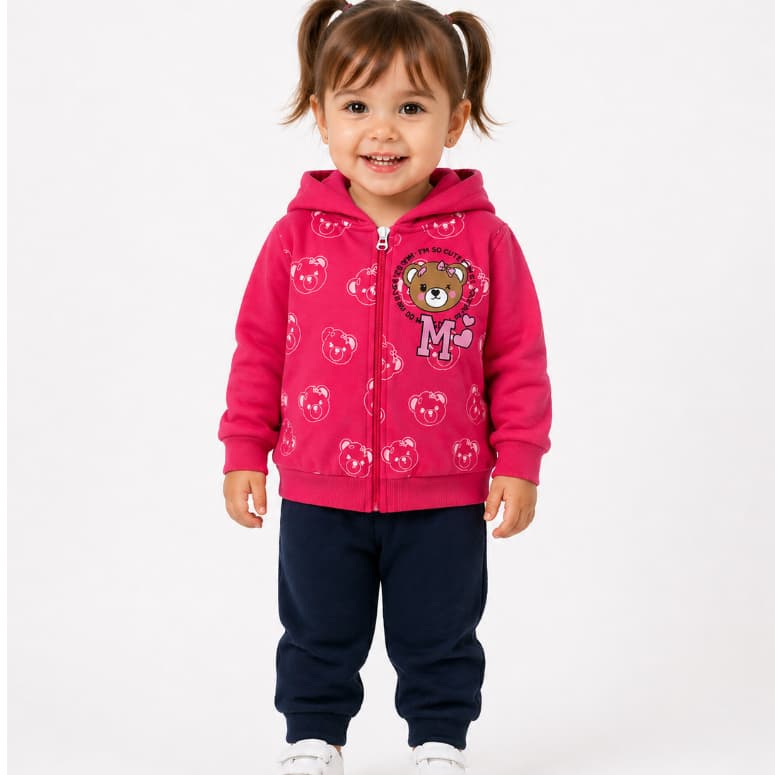 Conjunto Moletom Feminino Inverno Peluciado Zíper Capuz Roupa De Frio Menina Do 1 Ao 3 Casaco+Calça