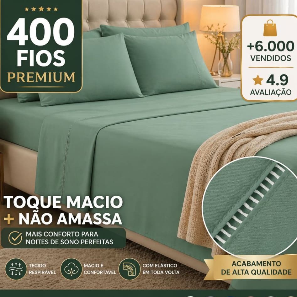 Jogo de Lençol Solteiro, Casal, Queen e King 400 Fios Micropercal Macio Não Amassa com Elástico