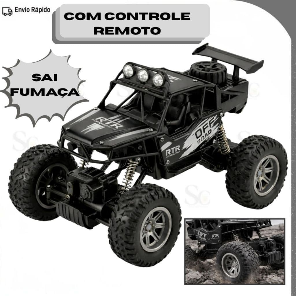 Carro de Controle Remoto Solta Fumaça Carrinho Off Road Jeep Suspensão Alta Monster Truck
