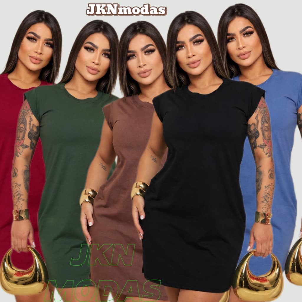 VESTIDO CASUAL ,Feminino Curto Liso 100% Algodão Manga Muscle Tee Blusão Casual Verão Moda Gringa