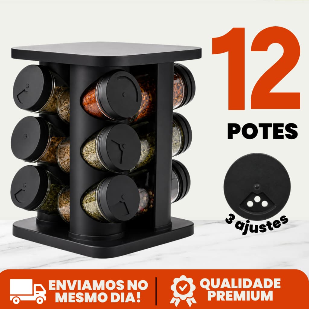 Porta Tempero Condimento Girátorio 12 Potes Cozinha Preto 360 Graus Organizador Dosador Profissional