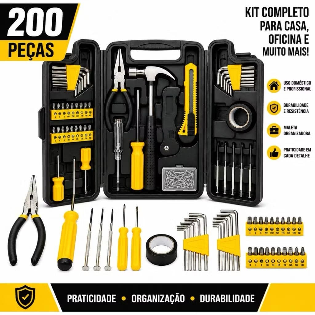 Kit Jogo De Ferramentas Completo 200 Pcs C/Soquetes Chaves Maleta Top Olaola1