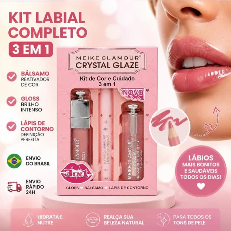 Kit 3 em 1 Lip Glow MEIKE GLAMOUR – Gloss Labial + Balm Hidratante + Lápis de Boca Longa MK378ção