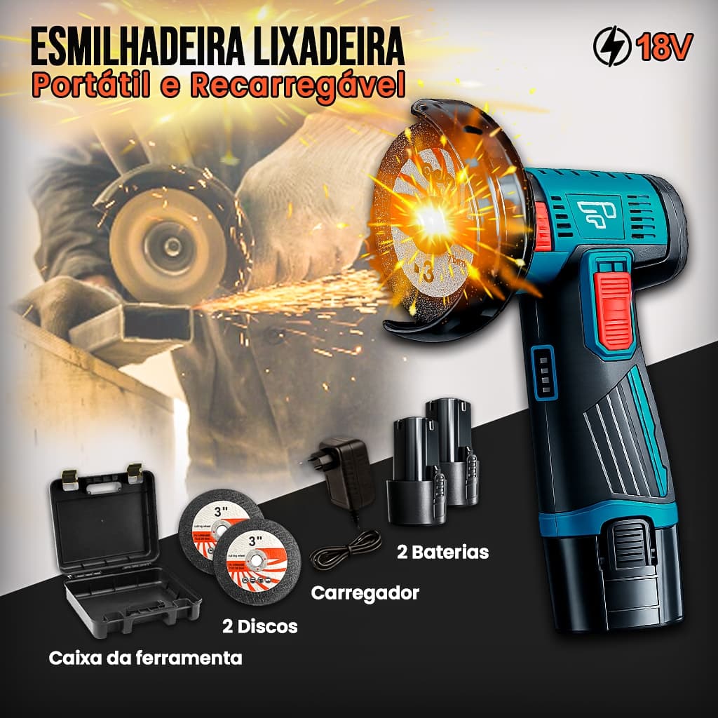 Esmerilhadeira Lixadeira Portátil 18V Recarregável 2 Baterias Bivolt Compacta Profissional