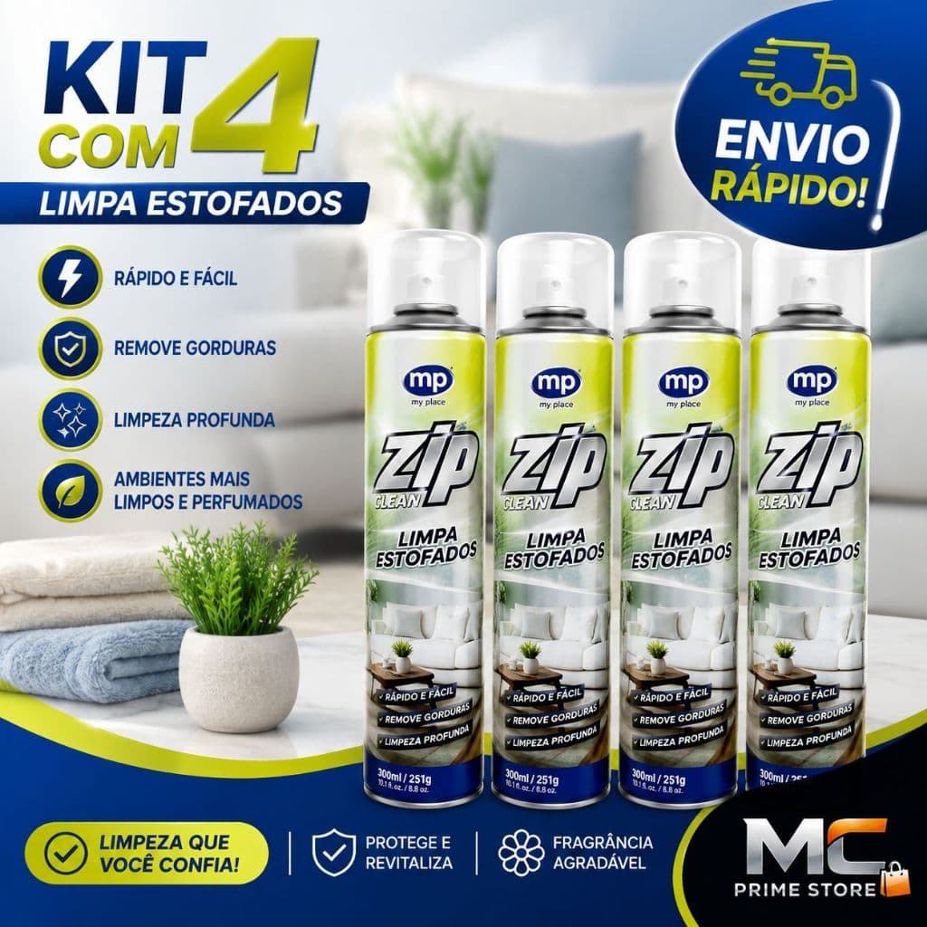 Kit 4 Limpa Estofados Espuma Mágica Zip Clean Spray 300ml – Limpeza Profunda a Seco Sofá Estofados Colchão Banco Carro