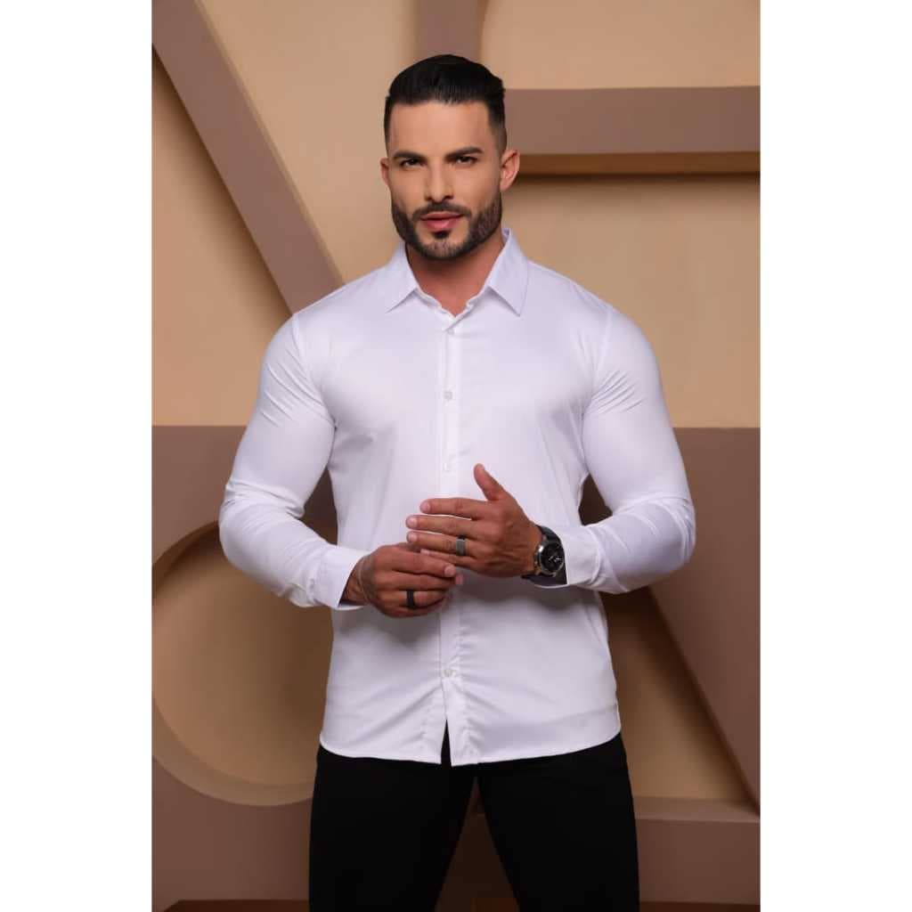 Camisa Social Masculina Manga Longa Slim Fit Tecido Tecnológico Leve Não Amassa Ante Odor Branco
