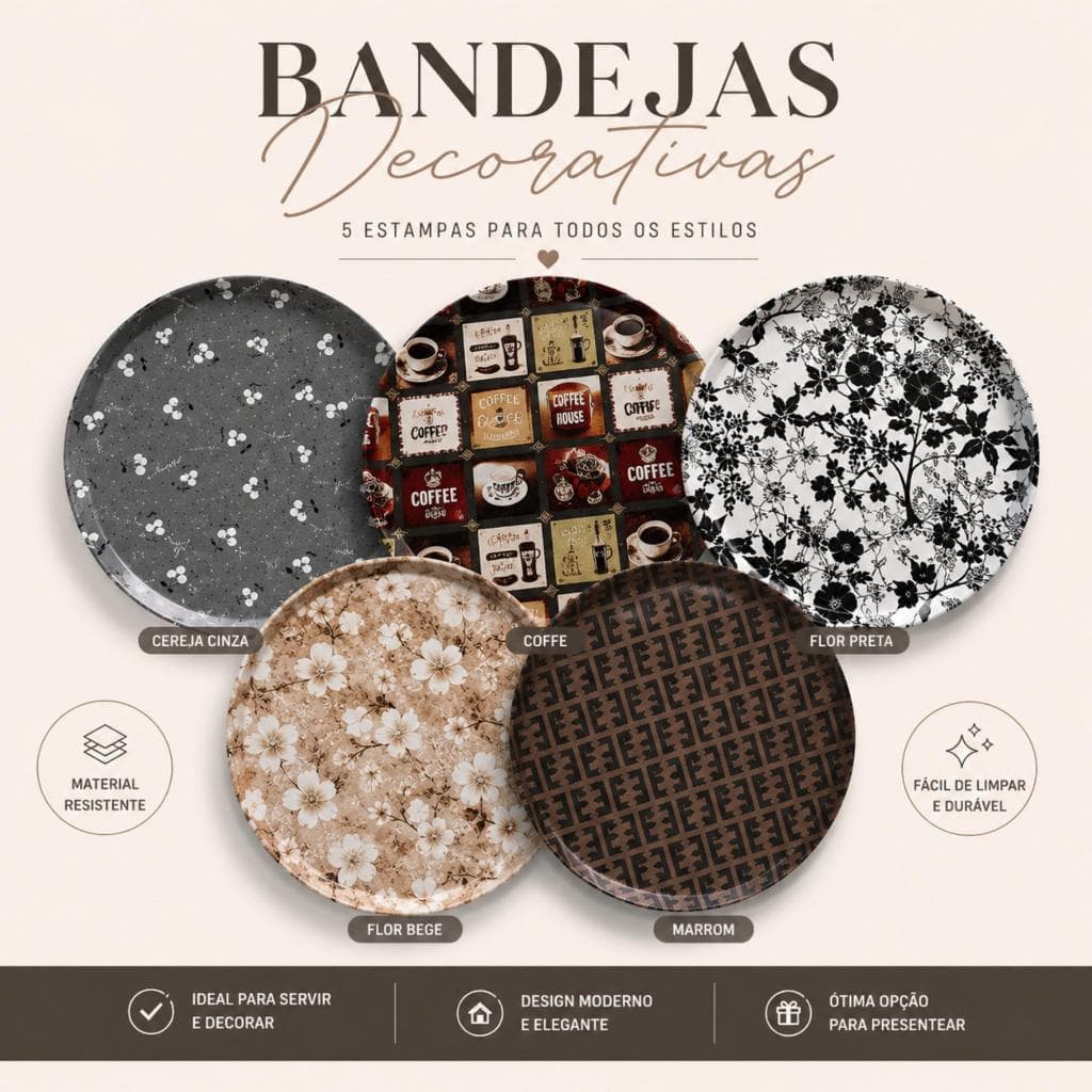 Bandeja Decorativa Redonda 35,5cm Multiuso Café Mesa Posta Cantinho Do Café Organizador Cozinha