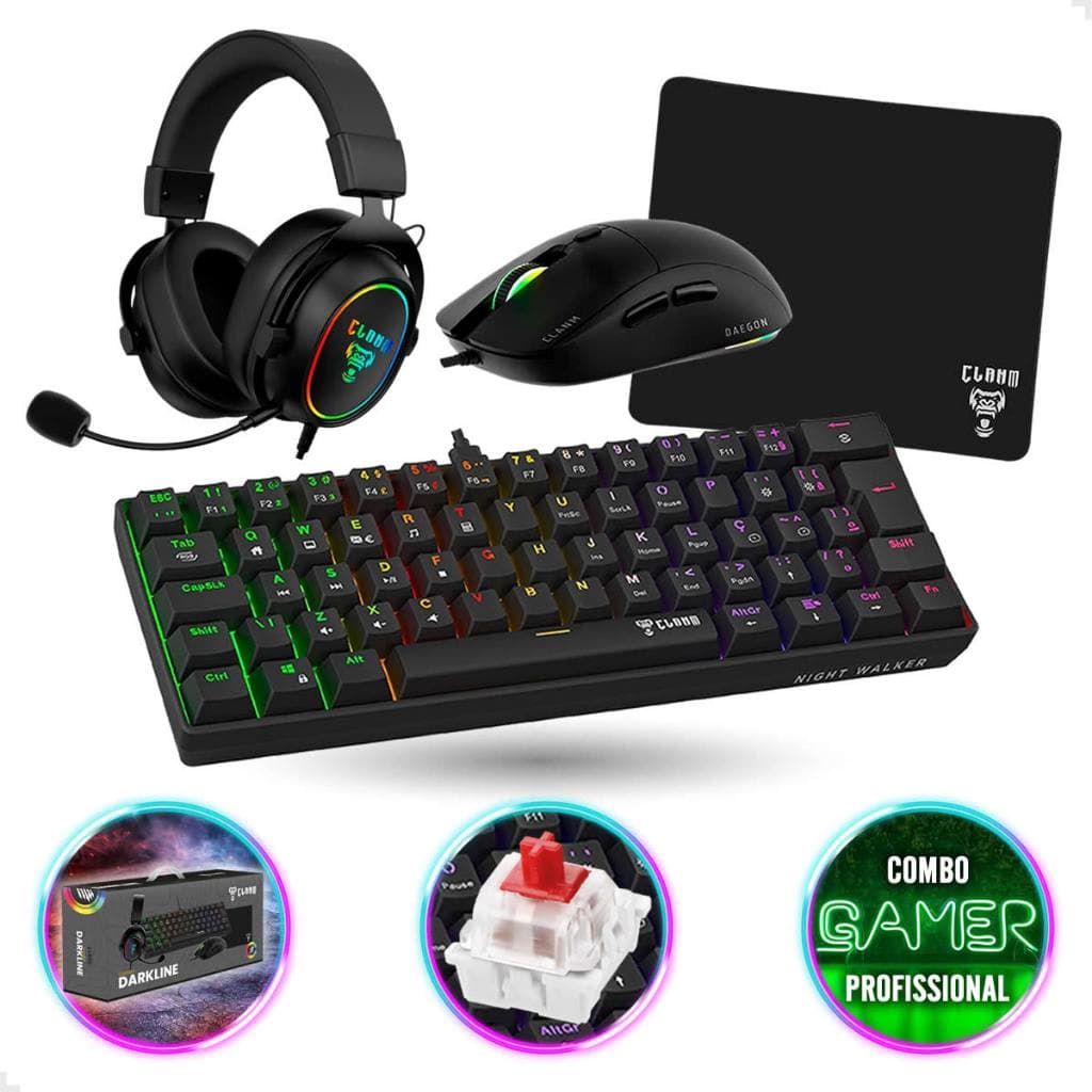 Combo Gamer Profissional Darkline Teclado Mecanico, Mouse, Headset, Mousepad, Iluminação RGB Rainbow