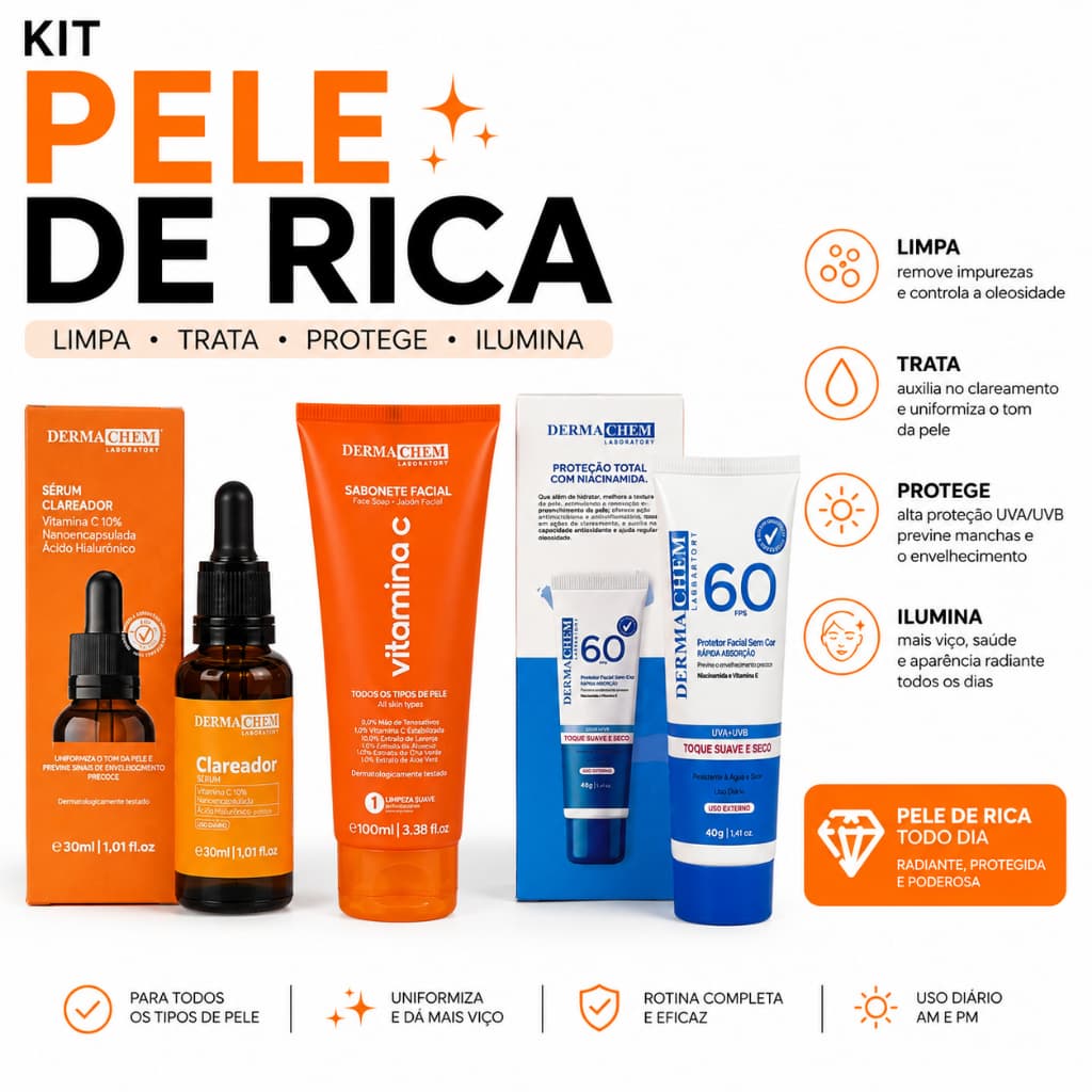 Kit skincare pele de rica vitamina c protetor solar facial sérum sabonete para o rosto limpeza de pele