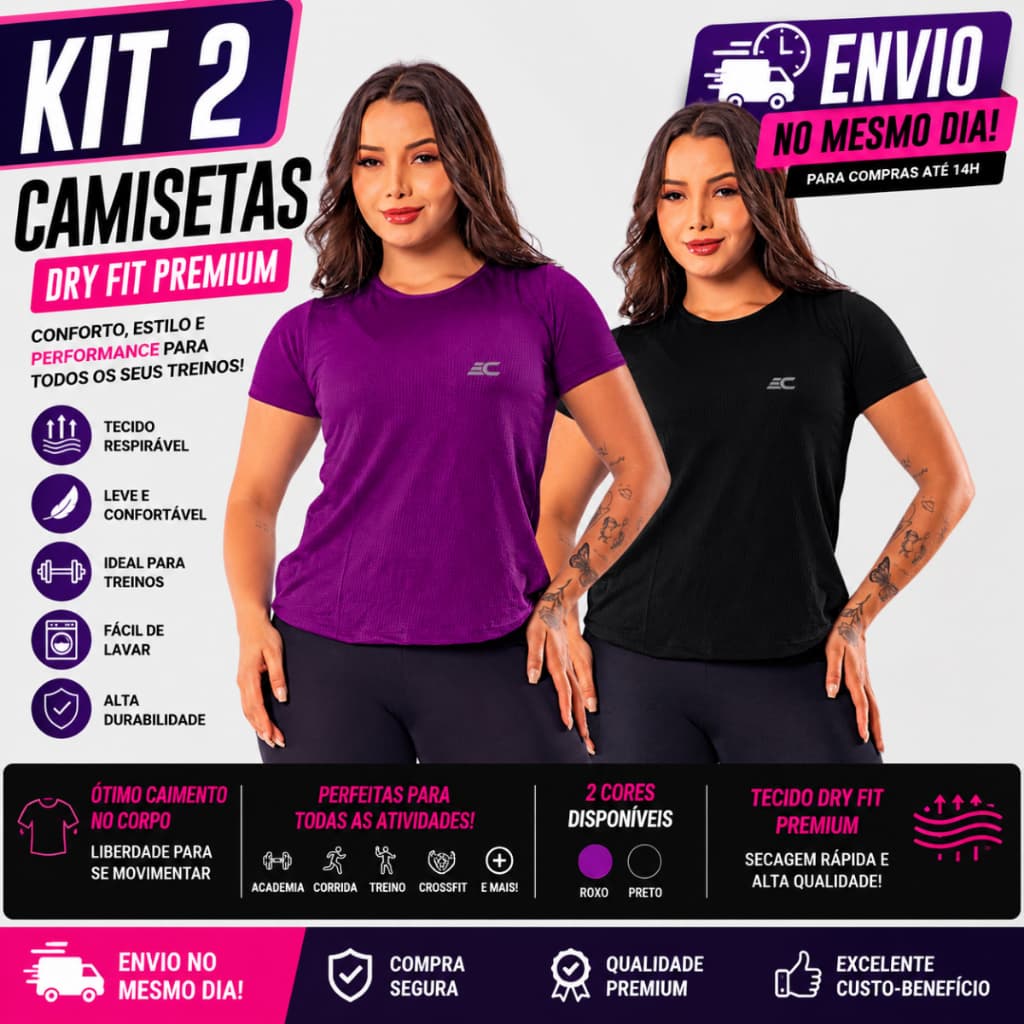 KIT 2 Camisa Academia Dry Fit Blusa feminina Furadinha Fitness Confortável Musculação Corrida