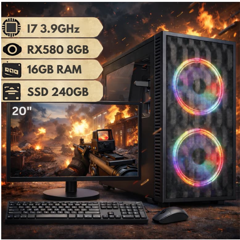 Computador Gamer Intel Core i7 Placa de Vídeo RX580 8GB com SSD 240GB e 16GB RAM C/ Monitor 20"