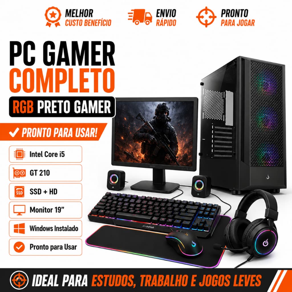PC Gamer Completo i5 GT 210 SSD+HD RGB Preto Gamer Monitor 19 Windows
