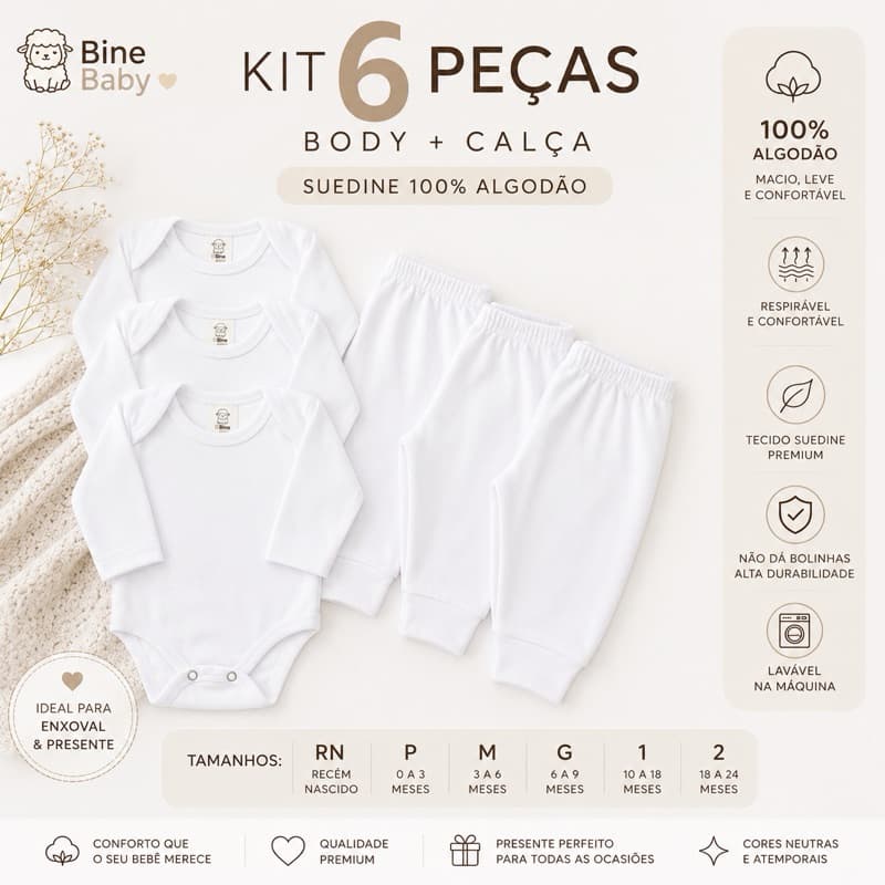 Kit Enxoval Bebê 6 Peças Body e Calça Suedine 100% Algodão Maternidade Presente