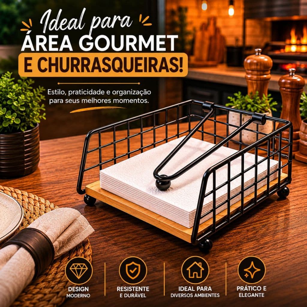 Porta Guardanapos Metal Preto e Madeira Suporte Elegante Para Mesa e Cozinha